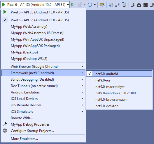 Visual Studio - "Debug toolbar" drop-down selecting the "net9.0-android" framework