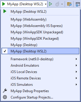 Visual Studio - "Debug toolbar" drop-down selecting the MyApp (Desktop WSL2) profile