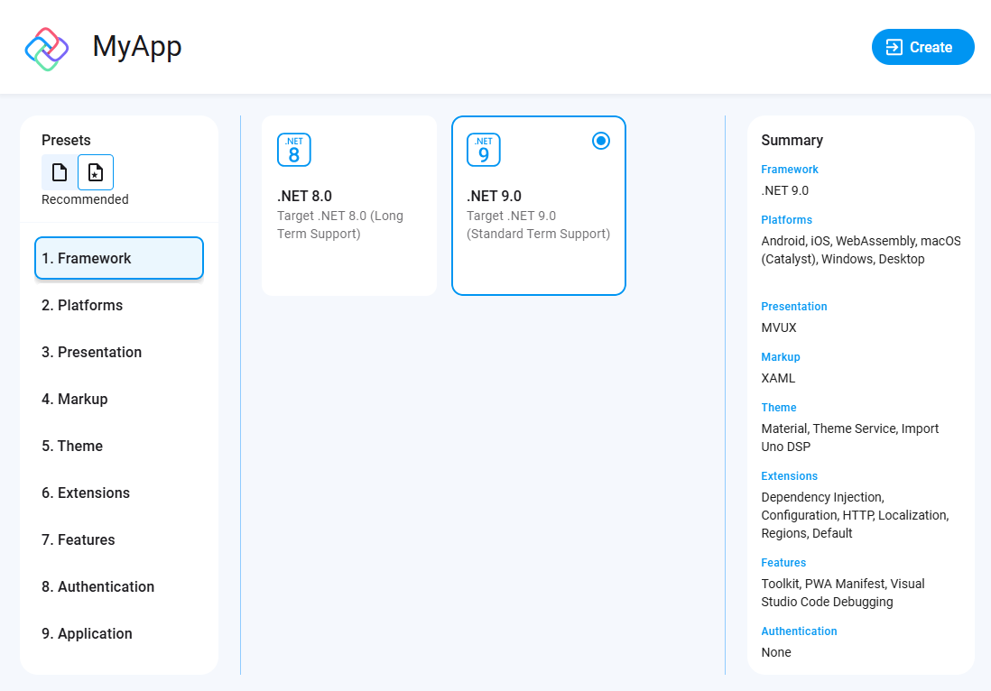 A screen showing how to choose template for the new app