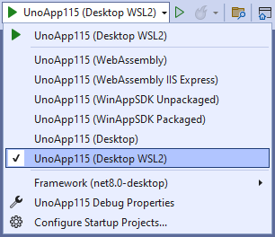 Visual Studio - "Debug toolbar" drop-down selecting the "net8.0-desktop" framework