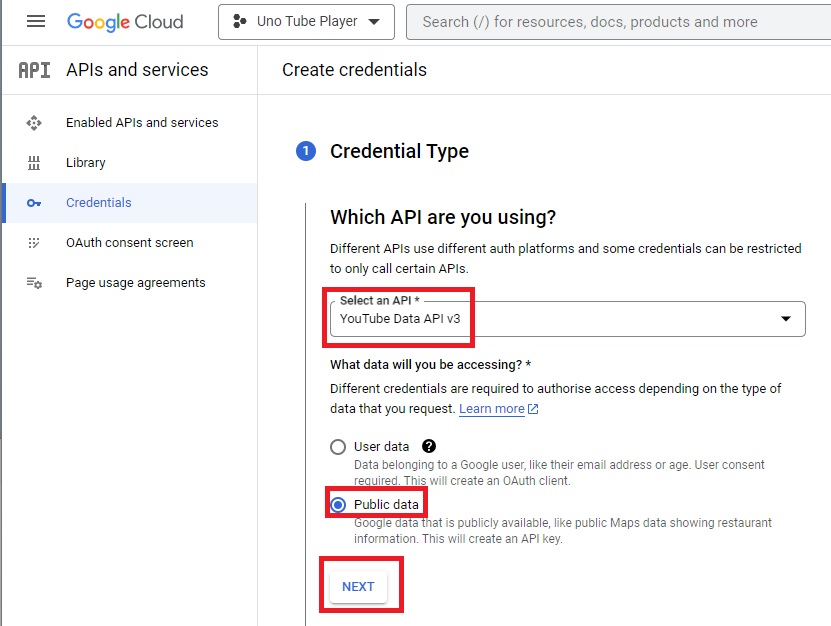 Google Console API key configuration page